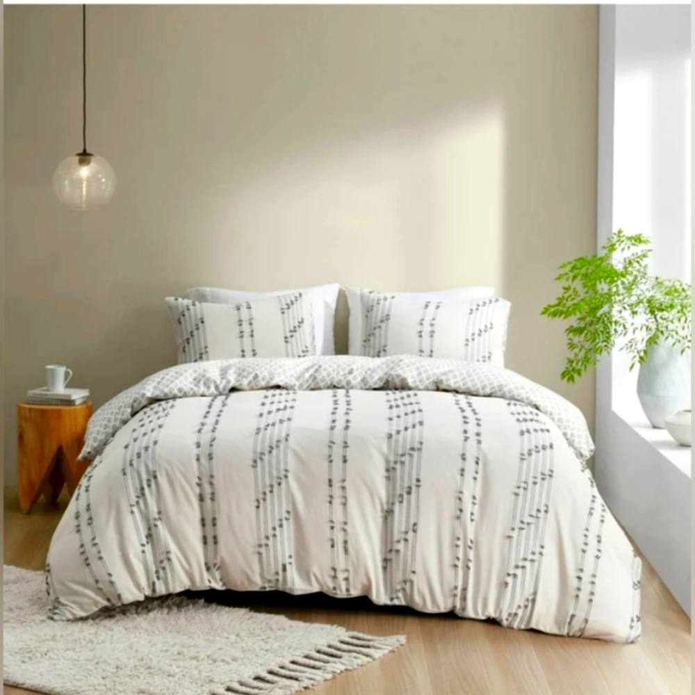 Ink+Ivy 3pc King/California King Kara Cotton Jacquard Duvet Cover Set Ivory: Far